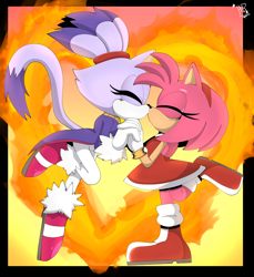Size: 2048x2232 | Tagged: safe, artist:buddyhyped, amy rose, blaze the cat, abstract background, amy x blaze, border, duo, eyes closed, fire, heart, holding hands, kiss, lesbian, mid-air, shipping, signature, standing on one leg