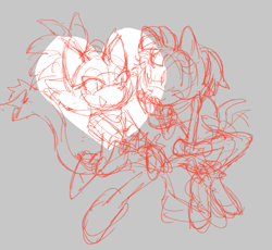 Size: 735x676 | Tagged: safe, artist:tinyaibou, amy rose, blaze the cat, amy x blaze, duo, grey background, heart, lesbian, looking at each other, shipping, simple background, sitting, sketch, smile, wagging tail