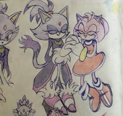 Size: 2048x1931 | Tagged: safe, artist:steelscum, amy rose, blaze the cat, amy x blaze, amybetes, blazebetes, cute, duo, eyes closed, holding hands, lesbian, shipping, smile, traditional media