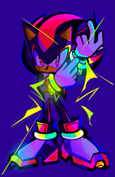 Size: 975x1491 | Tagged: safe, artist:kuroiyuki96, shadow the hedgehog, blue background, looking at viewer, redraw, simple background, solo, standing