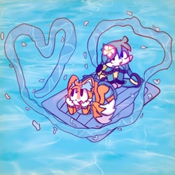 Size: 768x768 | Tagged: safe, artist:ihearttaiils, kit the fennec, miles "tails" prower, 2023, abstract background, cute, daytime, duo, flower, flower in ear, gay, heart, kitabetes, kitails, outdoors, pool, shipping, sitting, smile, tailabetes, water