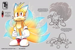 Size: 2048x1372 | Tagged: safe, artist:thatbirdguy_, miles "tails" prower, super tails, 2024, chaos emerald, english text, grey background, kitsune, redraw, signature, simple background, solo, standing, super form