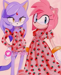 Size: 1658x2048 | Tagged: safe, artist:__ksuzee__, amy rose, blaze the cat, cat, hedgehog, 2024, amy x blaze, cute, dress, female, females only, lesbian, looking at viewer, shipping, strawberry