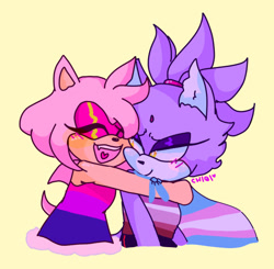 Size: 540x530 | Tagged: safe, artist:chiquitosilver, amy rose, blaze the cat, cat, hedgehog, 2018, amy x blaze, bisexual pride, cute, eyes closed, female, females only, hugging, lesbian, lesbian pride, mouth open, pride, shipping, trans pride