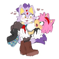Size: 540x540 | Tagged: safe, artist:shikaskye, amy rose, blaze the cat, cat, hedgehog, 2022, amy x blaze, blushing, carrying them, cute, female, females only, hearts, lesbian, looking at each other, shipping