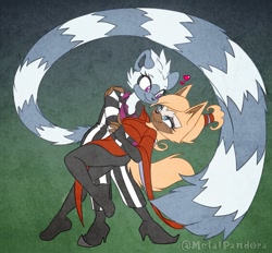 Size: 999x926 | Tagged: safe, artist:metalpandora, tangle the lemur, whisper the wolf, green background, heart, lesbian, looking at each other, one fang, shipping, signature, tangle x whisper