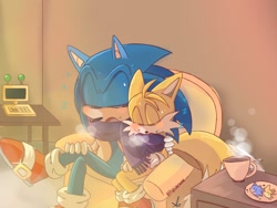 Size: 1024x768 | Tagged: safe, artist:giaoux, miles "tails" prower, sonic the hedgehog, 2024, abstract background, arm around shoulders, blushing, chair, duo, hot cocoa, indoors, scarf, sitting, sleeping