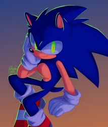 Size: 880x1030 | Tagged: safe, artist:ghostie_berry, sonic the hedgehog, gradient background, head rest, looking at viewer, signature, sitting, smile, solo