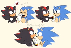 Size: 915x627 | Tagged: safe, artist:mary_lacajawtf, shadow the hedgehog, sonic the hedgehog, 2024, bust, classic shadow, classic sonic, cream background, duo, fangs, gay, looking at each other, looking at them, question mark, sfx, shadow x sonic, shipping, signature, simple background, sparkles, yawning