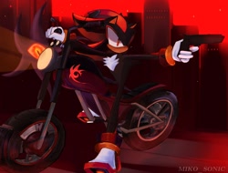 Size: 2048x1555 | Tagged: safe, artist:miko_sonic, shadow the hedgehog, 2024, abstract background, frown, gun, holding something, looking offscreen, motorcycle, outdoors, shadow the hedgehog (video game), shadow's logo, signature, solo, sparkles