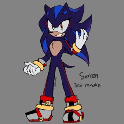 Size: 1575x1575 | Tagged: safe, artist:revvonox, oc, oc:sorren the hedgehog, hedgehog, character name, chest fluff, fankid, grey background, looking at viewer, magical gay spawn, oc only, parent:shadow, parent:sonic, parents:sonadow, signature, simple background, smile, solo, standing