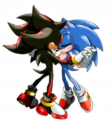 Size: 1706x1881 | Tagged: safe, artist:chaodaycare, shadow the hedgehog, sonic the hedgehog, 2024, blushing, cute, dancing, duo, eyes closed, gay, holding hands, shadow x sonic, shipping, simple background, smile, white background
