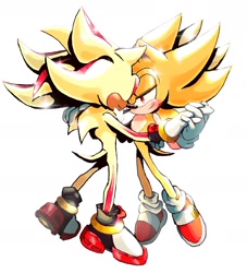 Size: 1706x1881 | Tagged: safe, artist:chaodaycare, shadow the hedgehog, sonic the hedgehog, super shadow, super sonic, 2024, alternate version, blushing, cute, dancing, duo, gay, holding hands, lidded eyes, looking at them, shadow x sonic, shipping, simple background, smile, super form, white background