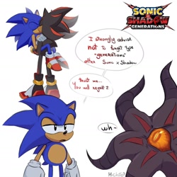 Size: 1310x1310 | Tagged: safe, artist:mi_ch_ito, black doom, shadow the hedgehog, sonic the hedgehog, sonic x shadow generations, 2024, classic sonic, dialogue, doom's eye, english text, eyes closed, gay, group, holding them, kiss, logo, looking at them, shadow x sonic, shipping, signature, simple background, standing, white background