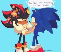 Size: 2048x1755 | Tagged: safe, artist:_valenrepetto_, shadow the hedgehog, sonic the hedgehog, 2024, arms folded, blue background, dialogue, duo, english text, flower, frown, gay, heart, lidded eyes, looking at each other, shadow is not amused, shadow x sonic, shipping, signature, simple background, smile, speech bubble, standing