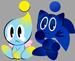 Size: 798x654 | Tagged: safe, artist:sirpyes, chao, 2024, :<, :>, character chao, cute, duo, frown, grey background, looking offscreen, neutral chao, simple background, sitting, smile, sonic chao, standing, tears