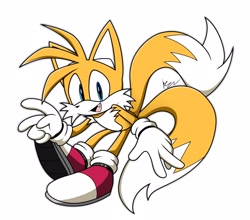 Size: 2048x1802 | Tagged: safe, artist:keaton_756, miles "tails" prower, 2024, looking at viewer, mouth open, one fang, redraw, signature, simple background, smile, solo, v sign, white background