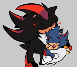 Size: 1159x1009 | Tagged: safe, artist:shadadow, shadow the hedgehog, oc, oc:dawn the hedgehog (shadadow), hedgehog, 2024, baby, diaper, duo, eyes closed, fankid, father and child, father and daughter, female, grey background, heart, holding them, kiss on head, magical gay spawn, male, pacifier, parent:shadow, parent:sonic, parents:sonadow, simple background, sleeping