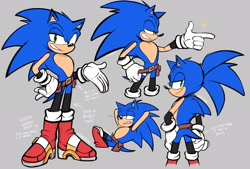 Size: 2048x1382 | Tagged: safe, artist:shadadow, sonic the hedgehog, hedgehog, 2023, alternate universe, belt, boots, english text, grey background, ponytail, redesign, simple background, smile, soap shoes, solo, sparkles, stockings