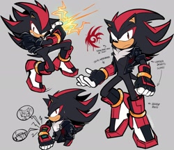 Size: 2048x1769 | Tagged: safe, artist:shadadow, shadow the hedgehog, 2023, alternate universe, electricity, english text, frown, grey background, jacket, redesign, shadow's logo, simple background, solo