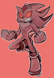 Size: 1436x2048 | Tagged: safe, artist:shadadow, shadow the hedgehog, 2024, clenched fists, clenched teeth, looking at viewer, outline, red background, red sclera, simple background, solo, zombot