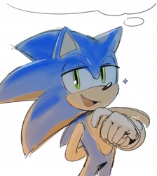 Size: 1732x1932 | Tagged: safe, artist:chaosrice, sonic the hedgehog, hedgehog, 2024, hand behind back, lidded eyes, looking at viewer, simple background, smile, solo, standing, star (symbol), thought bubble, white background