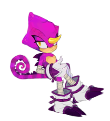 Size: 544x597 | Tagged: safe, artist:boyscout_badger, espio the chameleon, 2024, frown, lidded eyes, redesign, simple background, sitting, solo, thumbs up, white background