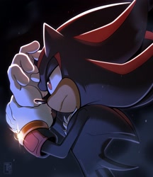 Size: 1769x2048 | Tagged: safe, artist:thatbirdguy_, shadow the hedgehog, hedgehog, abs, frown, lidded eyes, looking ahead, looking offscreen, solo, standing
