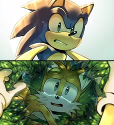 Size: 1871x2048 | Tagged: safe, artist:thatbirdguy_, miles "tails" prower, sonic the hedgehog, 2024, abstract background, alternate universe, au:tails ratify, bush, crying, duo, hiding, looking at each other, tears