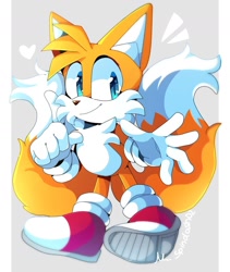 Size: 1252x1480 | Tagged: safe, artist:thatbirdguy_, miles "tails" prower, 2021, border, grey background, heart, looking at viewer, pointing, signature, simple background, smile, solo, standing, tan nose
