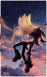 Size: 1240x2048 | Tagged: safe, artist:paoroe, shadow the hedgehog, sonic the hedgehog, super sonic, 2024, abstract background, clouds, duo, eyes closed, flying, gay, holding them, outdoors, shadow x sonic, shipping, shooting star, star (sky), super form