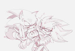 Size: 900x617 | Tagged: safe, artist:sonadowdaily, shadow the hedgehog, sonic the hedgehog, arms folded, blushing, duo, frown, gay, heart, lidded eyes, line art, looking at them, looking away, shadow is not amused, shadow x sonic, shipping, smile, tongue out