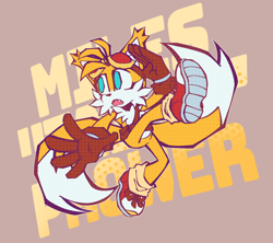 Size: 2048x1820 | Tagged: safe, artist:tailsnumber1fan, miles "tails" prower, fox, belt, brown background, brown gloves, character name, ear fluff, flying, goggles, looking offscreen, redraw, simple background, solo, sonic boom (tv), spinning tails