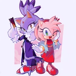 Size: 1079x1079 | Tagged: safe, artist:umib34, amy rose, blaze the cat, cat, hedgehog, the murder of sonic the hedgehog, 2024, amy x blaze, blaze's industrial dress, cute, dress, female, females only, hand on cheek, lesbian, looking at viewer, mouth open, one eye closed, shipping