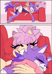 Size: 540x766 | Tagged: safe, artist:sonicvy, amy rose, blaze the cat, cat, hedgehog, 2017, amy x blaze, cuddling, cute, eyes closed, female, females only, lesbian, phone, shipping, sleeping, smile