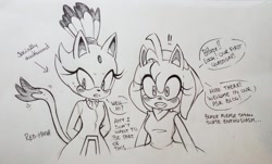 Size: 1280x775 | Tagged: safe, artist:askamaze, amy rose, blaze the cat, cat, hedgehog, 2018, amy x blaze, amy's halterneck dress, blaze's tailcoat, blushing, cute, english text, female, females only, hands behind back, lesbian, line art, looking at viewer, shipping, sketch, speech bubble, talking to viewer, traditional media