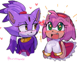 Size: 523x422 | Tagged: safe, artist:burnttoawst, amy rose, blaze the cat, cat, hedgehog, 2023, amy x blaze, amy's halterneck dress, blaze's tailcoat, cute, female, females only, hands together, hearts, lesbian, looking at them, mouth open, shipping