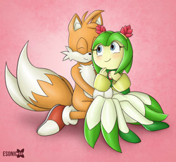 Size: 1024x941 | Tagged: safe, artist:esonic64, cosmo the seedrian, miles "tails" prower, hugging, shipping, straight, tailsmo