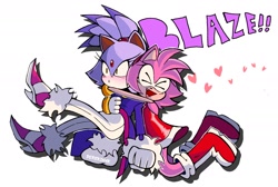 Size: 1845x1240 | Tagged: safe, artist:derekunleashed, amy rose, blaze the cat, cat, hedgehog, 2024, amy x blaze, amy's halterneck dress, blaze's tailcoat, blushing, cute, eyes closed, female, females only, hearts, hugging from behind, lesbian, mouth open, shipping