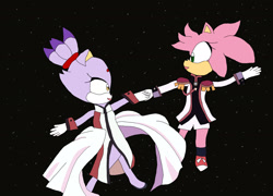 Size: 2048x1475 | Tagged: safe, artist:mahoutoons, amy rose, blaze the cat, cat, hedgehog, 2022, amy x blaze, cute, dancing, female, females only, holding hands, lesbian, looking at each other, shipping, space