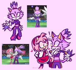 Size: 540x494 | Tagged: safe, artist:n1tw1t-sk3tch3s, amy rose, blaze the cat, cat, hedgehog, 2022, amy x blaze, exclamation mark, female, females only, hearts, lesbian, looking at each other, mario & sonic at the olympic games, shipping, sweatdrop