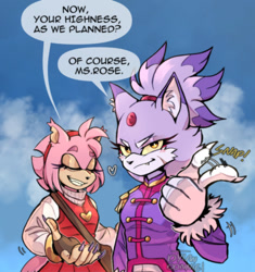 Size: 540x574 | Tagged: safe, artist:vilegato, amy rose, blaze the cat, cat, hedgehog, 2022, amy x blaze, cute, english text, eyes closed, female, females only, lesbian, shipping, speech bubble