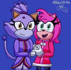 Size: 540x534 | Tagged: safe, artist:bellacatt-art, amy rose, blaze the cat, cat, hedgehog, 2023, amy x blaze, cute, female, females only, holding hands, lesbian, looking at viewer, mario & sonic at the olympic games, mouth open, shipping, winter outfit