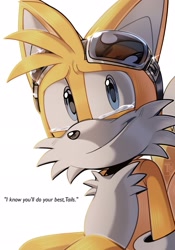 Size: 1431x2048 | Tagged: safe, artist:thatbirdguy_, miles "tails" prower, 2024, crying, dialogue, english text, goggles, simple background, smile, solo, tears, white background