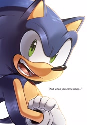 Size: 1431x2048 | Tagged: safe, artist:thatbirdguy_, sonic the hedgehog, 2024, dialogue, english text, looking at viewer, mouth open, simple background, smile, solo, talking, white background