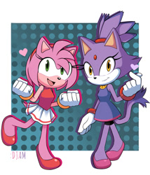 Size: 985x1150 | Tagged: safe, artist:red-monkey-and-bolts, amy rose, blaze the cat, cat, hedgehog, 2021, amy x blaze, cute, female, females only, gymnastic outfit, heart, lesbian, looking at viewer, mario & sonic at the olympic games, mouth open, shipping