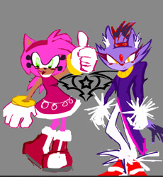 Size: 1445x1568 | Tagged: safe, artist:mayrageous, amy rose, blaze the cat, cat, hedgehog, 2024, amy x blaze, amy's halterneck dress, blaze's tailcoat, cute, female, females only, lesbian, looking at viewer, mouth open, shipping, thumbs up