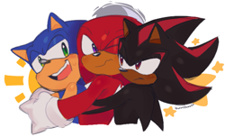 Size: 1935x1177 | Tagged: safe, artist:burnttoawst, knuckles the echidna, shadow the hedgehog, sonic the hedgehog, blushing, hug train, hugging, hugging from behind, knuxadow, knuxonadow, knuxonic, lidded eyes, looking at each other, looking at them, one eye closed, polyamory, shadow x sonic, shipping, signature, simple background, smile, star (symbol), trio, white background
