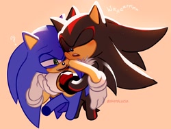Size: 1530x1150 | Tagged: safe, artist:reaperneko3ds, shadow the hedgehog, sonic the hedgehog, 2024, blushing, dialogue, duo, english text, gay, hugging, hugging from behind, lidded eyes, one eye closed, question mark, shadow x sonic, shipping, simple background, standing, tan background