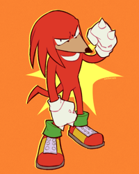 Size: 1080x1350 | Tagged: safe, artist:suchscary, knuckles the echidna, clenched fists, looking at viewer, orange background, outline, signature, simple background, solo, standing